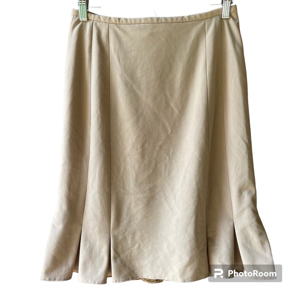 Apostrophe Stretch Beige Skirt, Size 4, Pleated Bottom, Business Casual, L22 in.